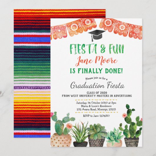 Succulent Afstuderen Fiesta Party Invitation Kaart (Voorkant / Achterkant)