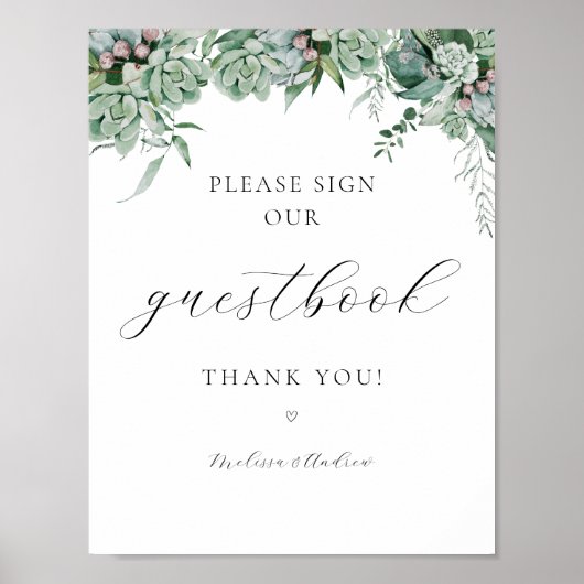 Succulent and Eucalyptus Greenery Guestbook Sign Poster (Voorkant)