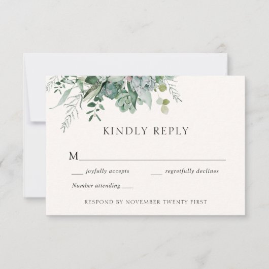Succulent and Eucalyptus Wedding Greenery Response Kaart (Voorkant)