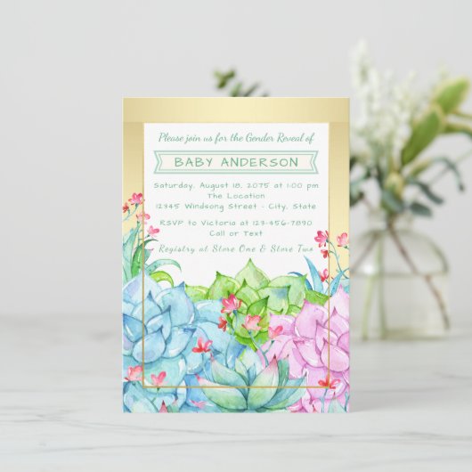 Succulent Baby shower Geslacht onthullen uitnodigi Kaart (Staand voorkant)