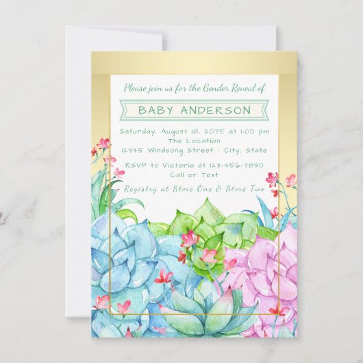 Succulent Baby shower Geslacht onthullen uitnodigi Kaart (Voorkant)