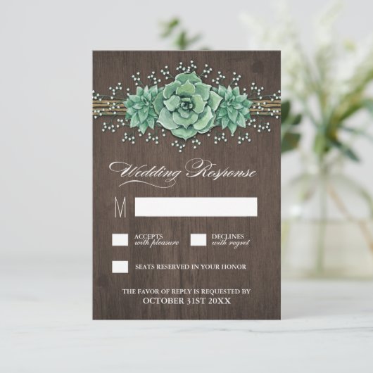 Succulent Baby's Breath Rustieke Bruiloft RSVP Kaa (Staand voorkant)