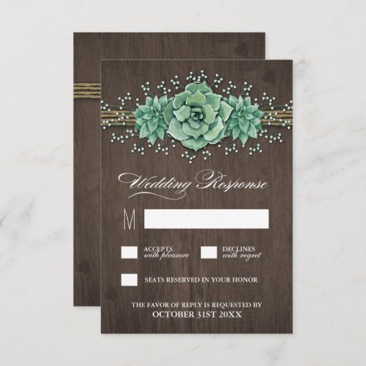 Succulent Baby's Breath Rustieke Bruiloft RSVP Kaa (Voorkant / Achterkant)