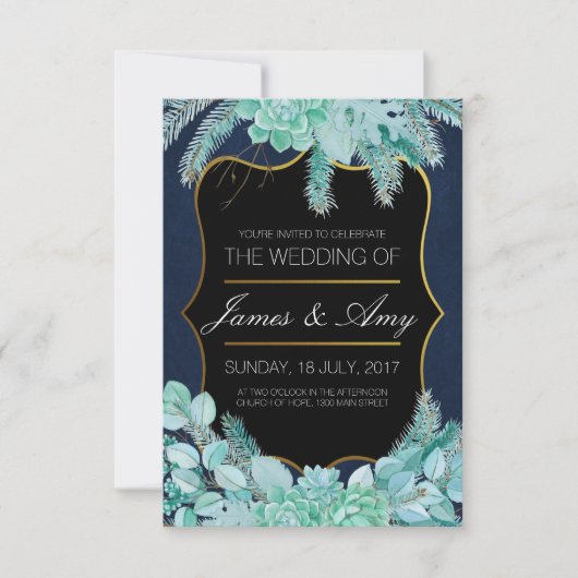 Succulent Bloem - Groen Blauw - Uitnodiging voor d (Voorkant)