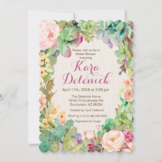 Succulent Bloemen Cactus Bruids Douche Uitnodiging (Voorkant)