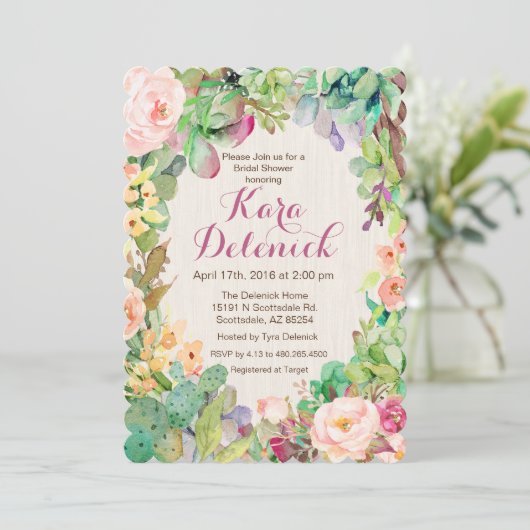 Succulent Bloemen Cactus Bruids Douche Uitnodiging (Staand voorkant)