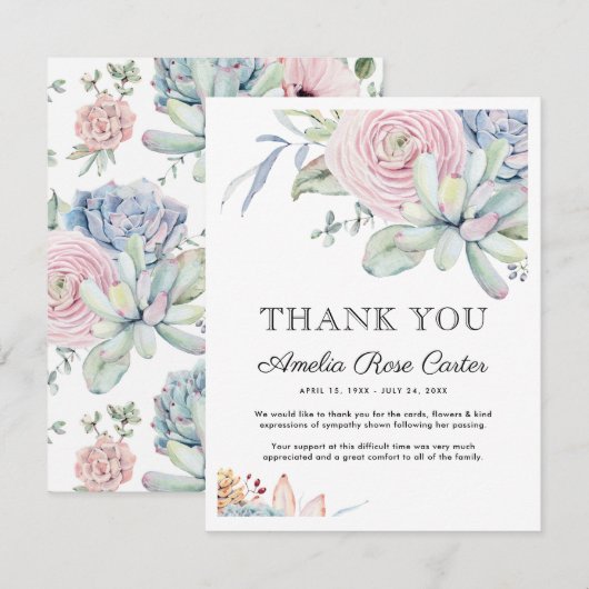 Succulent Bloemen Dank u Uitvaart Kaart (Voorkant / Achterkant)