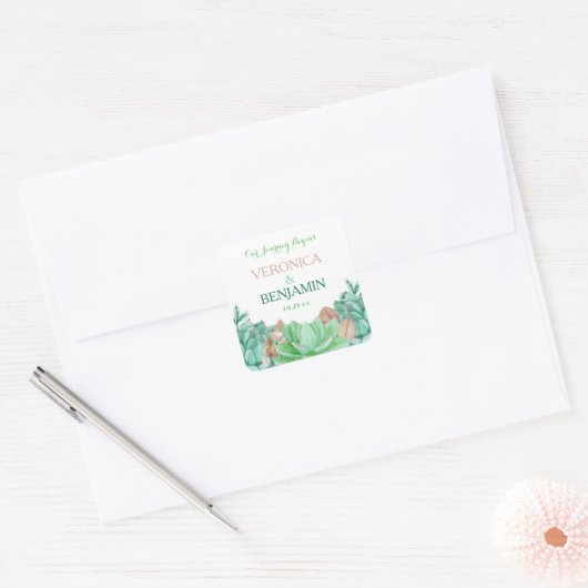 Succulent Boeket Botanische Bloemen Bruiloft Bedan Vierkante Sticker (Envelop)