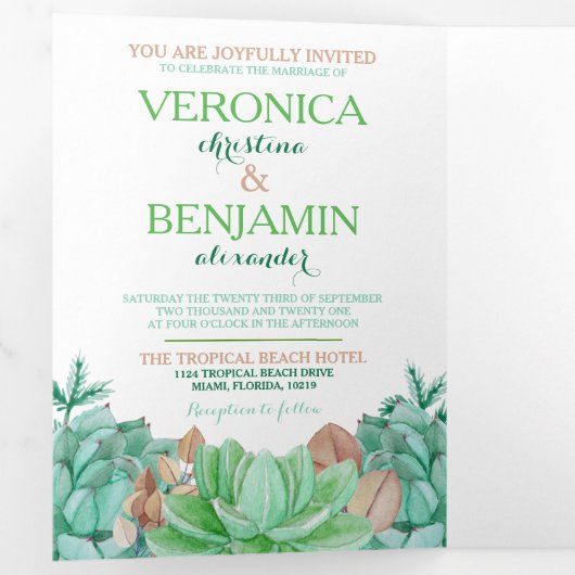 Succulent Boeket Botanische Bloemen Bruiloft Suite Drieluik Uitnodiging (Binnenzijde eerst)