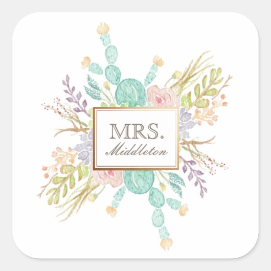 Succulent boeket Waterverf | Naam Vierkante Sticker (Voorkant)