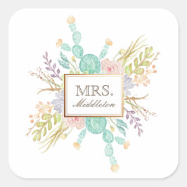Succulent boeket Waterverf | Naam Vierkante Sticker