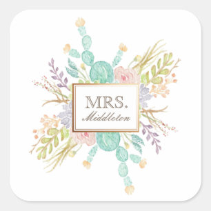 Succulent boeket Waterverf Naam Vierkante Sticker