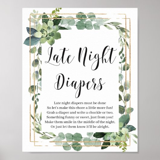 Succulent boho greenery late night diapers game poster (Voorkant)