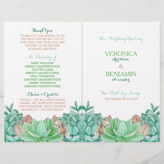 Succulent Bouquet Botanical Floral Wedding Program (Voorkant)