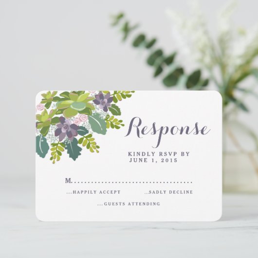 Succulent Bouquet II Floral Wedding RSVP Reactie Kaartje (Staand voorkant)
