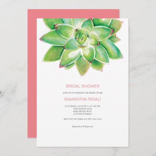 Succulent Bridal Shower Invitation, Waterverf IV Kaart (Voorkant / Achterkant)