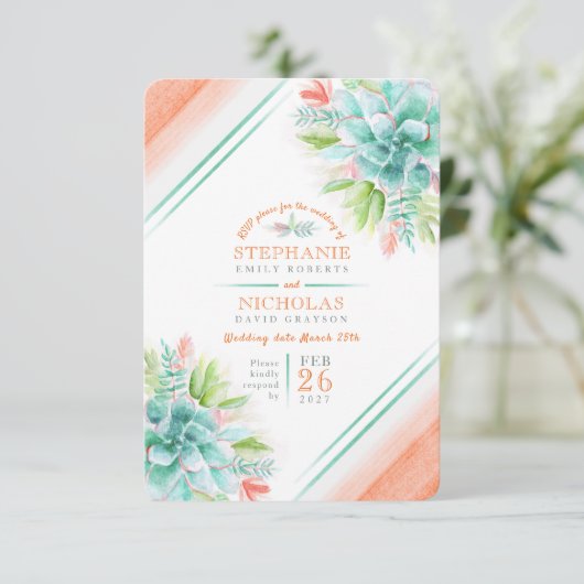 Succulent bruiloft groen sinaasappel RSVP (Staand voorkant)