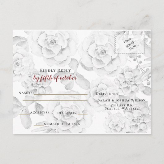 succulent burgundy gold floral bruiloft rsvp uitnodiging briefkaart (Achterkant)