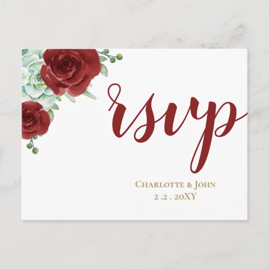 succulent burgundy gold floral bruiloft rsvp uitnodiging briefkaart (Voorkant)