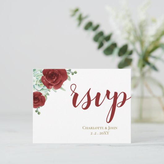 succulent burgundy gold floral bruiloft rsvp uitnodiging briefkaart (Staand voorkant)