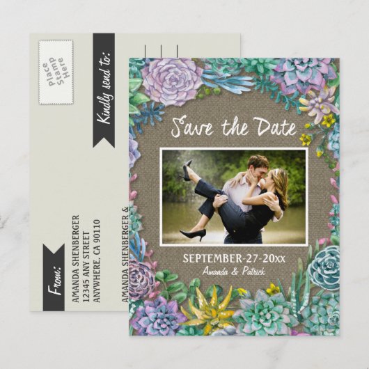 Succulent Burlap Wedding Save the Date Kaarten (Voorkant / Achterkant)