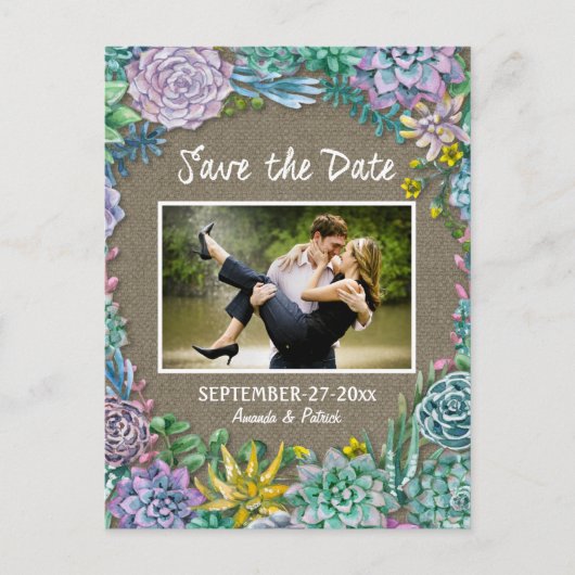 Succulent Burlap Wedding Save the Date Kaarten (Voorkant)
