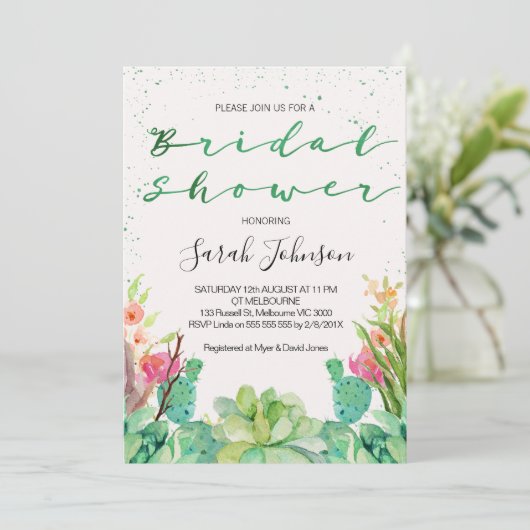succulent cactus bridal douche - uitnodiging (Staand voorkant)