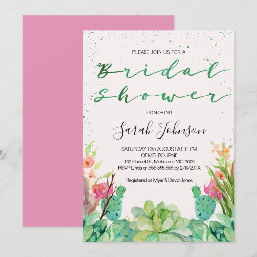 succulent cactus bridal douche - uitnodiging (Voorkant / Achterkant)