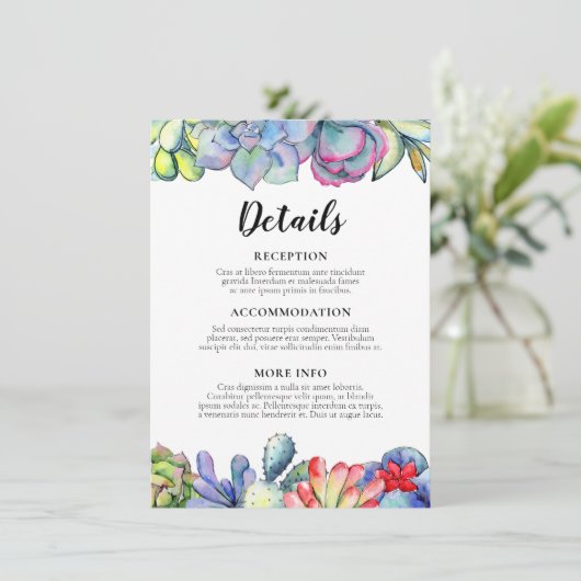 Succulent cactus bruiloft gastinformatie informatiekaartje (Staand voorkant)