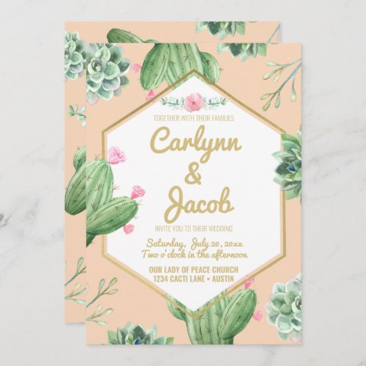 Succulent Cactus bruiloft uitnodiging goud en roze (Voorkant / Achterkant)