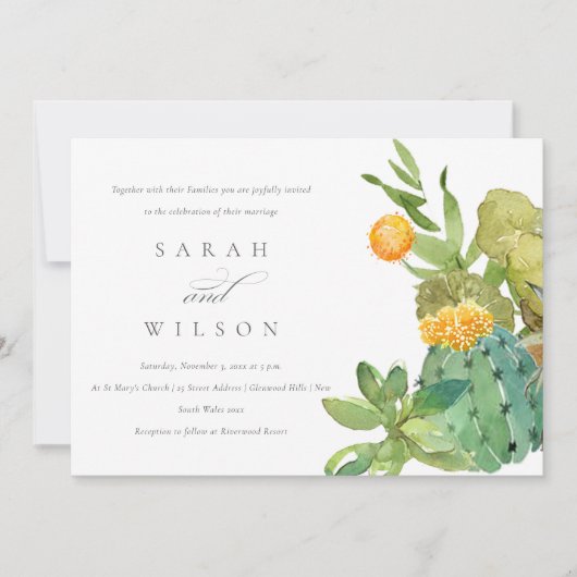 SUCCULENT CACTUS FLORAL GARDEN WATERVERF WEDING KAART (Voorkant)