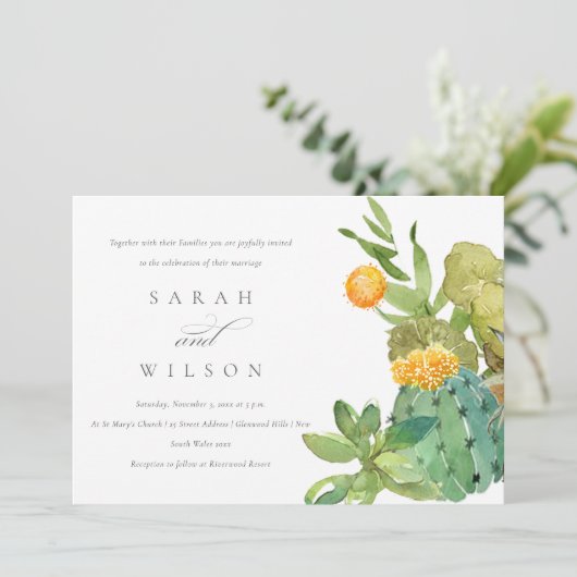 SUCCULENT CACTUS FLORAL GARDEN WATERVERF WEDING KAART (Staand voorkant)