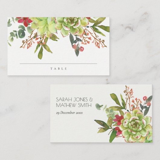 Succulent Cactus Floral Red Waterverf Wedding Plaatskaartje (Voorkant / Achterkant)