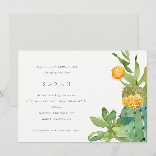 SUCCULENT CACTUS FLORAL WATERCOLOR BRIDAL SHOWER KAART (Voorkant / Achterkant)