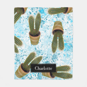 Succulent Cactus in Pots and Blue Waterverf Splat Fleece Deken