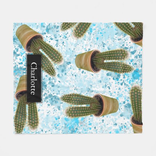 Succulent Cactus in Pots and Blue Waterverf Splat Fleece Deken (Voorkant (Horizontaal))