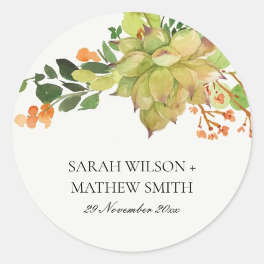 SUCCULENT CACTUS ORANJE FLORAL WATERVERF WEDING RONDE STICKER (Voorkant)