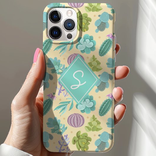 Succulent Cactus Plant Patroon Schattige Monogram Case-Mate iPhone Case