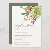 Succulent Cactus Red Floral Couples Shower Invite Bedankkaart (Voorkant / Achterkant)