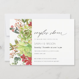 Succulent Cactus Red Floral Couples Shower Invite Bedankkaart