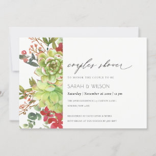 Succulent Cactus Red Floral Couples Shower Invite Bedankkaart