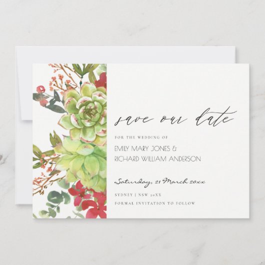 Succulent Cactus Red Floral Save the Date Invite Bedankkaart (Voorkant)