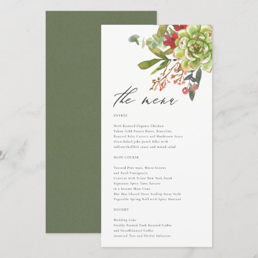 Succulent Cactus Red Floral Wedding Menu Kaart (Voorkant / Achterkant)