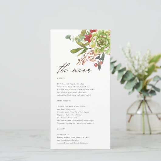 Succulent Cactus Red Floral Wedding Menu Kaart (Staand voorkant)