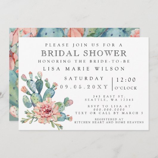 Succulent Cactus Roos Bridal Shower Invitation Kaart (Voorkant / Achterkant)