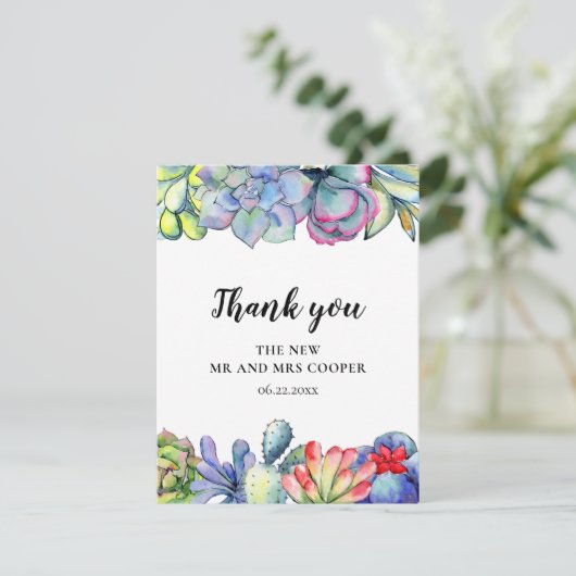 Succulent cactus waterverf bruiloft bedankkaart (Staand voorkant)