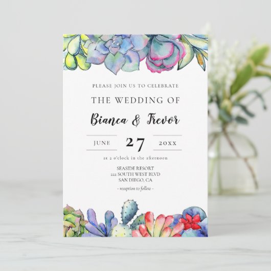 Succulent cactus waterverf bruiloft kaart (Staand voorkant)