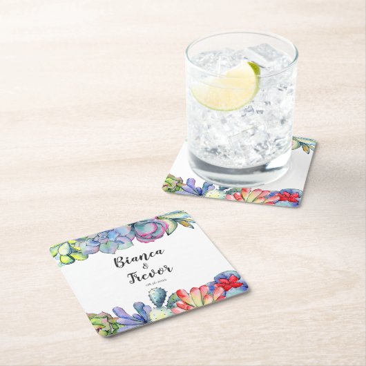 Succulent cactus waterverf bruiloft kartonnen onderzetters (Insitu)