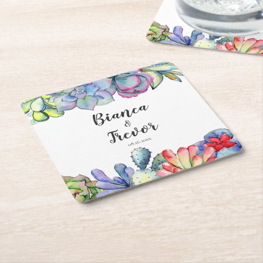 Succulent cactus waterverf bruiloft kartonnen onderzetters (Schuin)