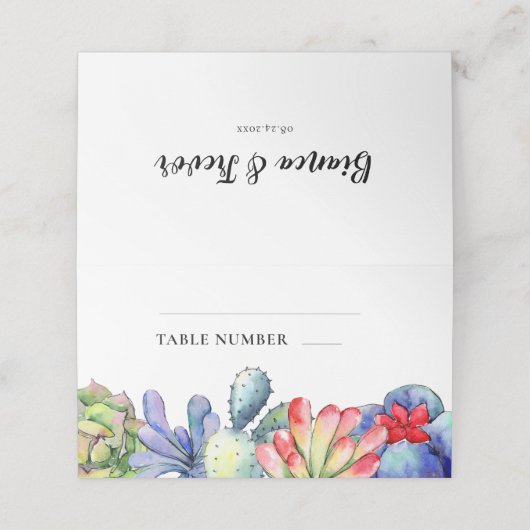 Succulent cactus waterverf bruiloft plaatskaartje (Buitenkant ongevouwen)